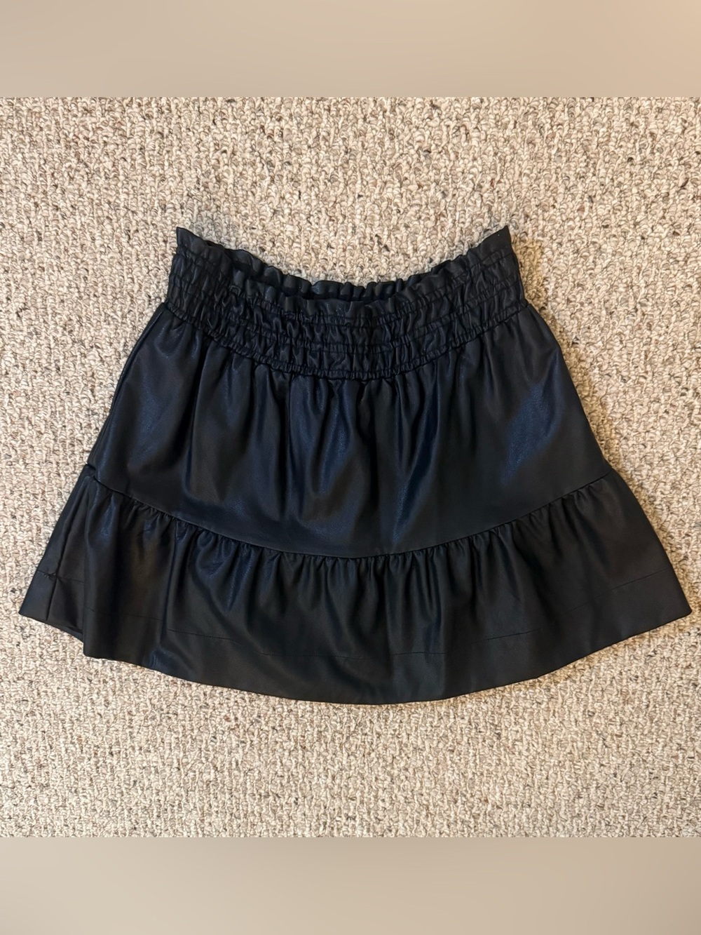 Anthropologie Black Faux Leather Smocked Waist Tiered Mini Skirt Size L